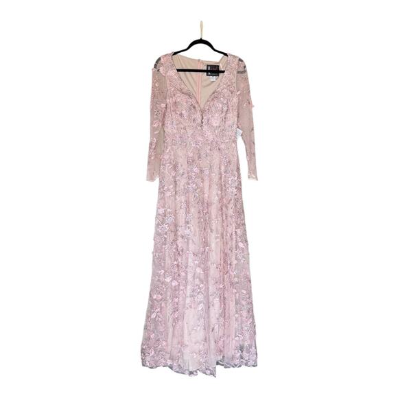 Mac Duggal 70224 Floral Applique Illusion Gown Long Sleeve Rose Pink Size 8 NWT - Picture 5 of 16